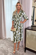 Khaki Brush Stroke Print 3/4 Sleeve Tie Waist Wrap Shirt Midi Dress