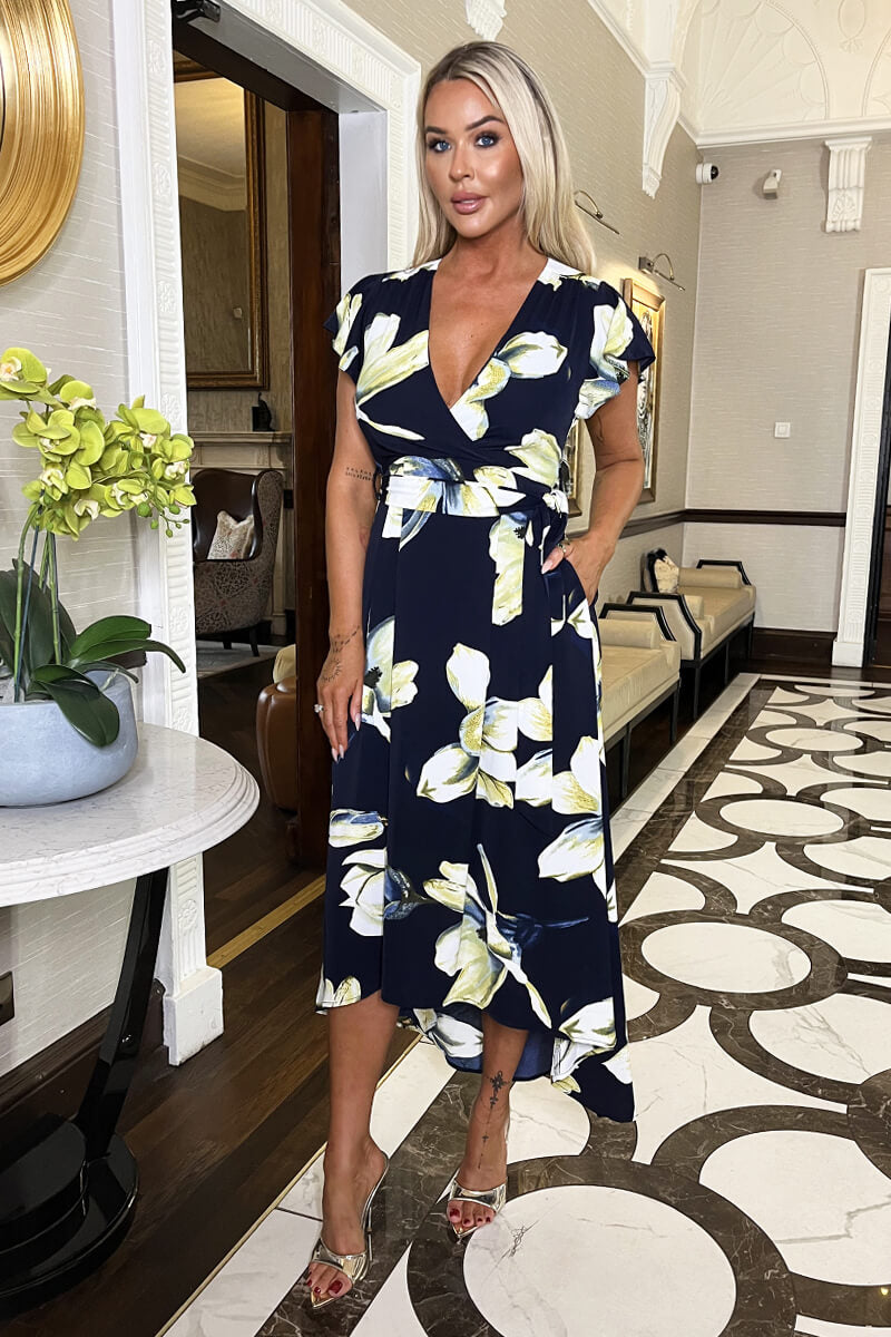 love is life navy blue floral print satin wrap dress Wrap Dress Navy Blue With Pink Flowers Dress Love Is Life Navy Blue Floral  Print Satin