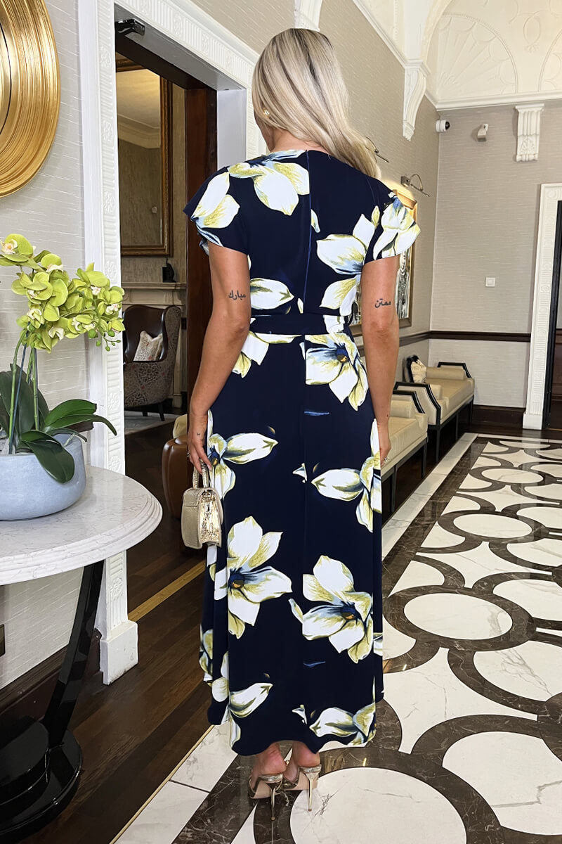 Navy Floral Print Short Sleeve Belted Wrap Midi Dress