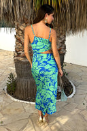 Green And Blue Abstract Printed Asymmetric Cut Out Midi Dress