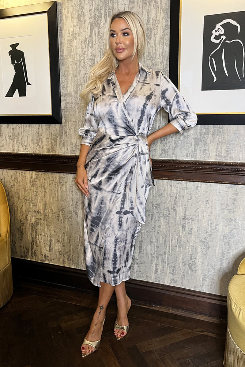 3 4 sleeve midi wrap dress Grey Printed 3/4 Sleeve Side Tie Waist Wrap Shirt Midi Dress – AX Paris US