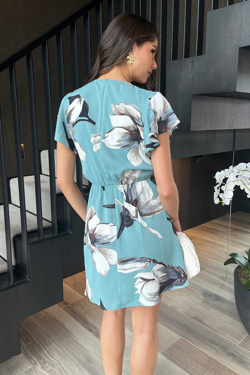 Duck Egg Floral Print Flutter Sleeve Gathered Side Mini Dress