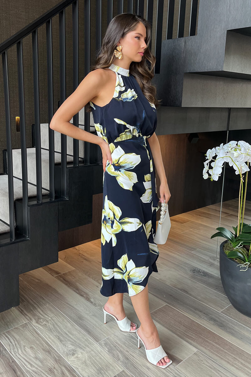 Navy Floral Print Halter Neck Dipped Hem Midi Dress