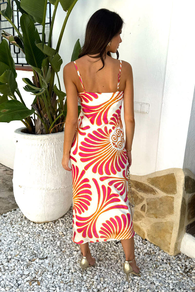 Pink And White Abstract Print Strappy Cowl Neck Slip Midi Dress