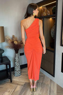 Burnt Orange One Shoulder Knot Skirt Midi Dress