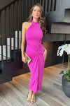 Hot Pink Halter Neck Knot Skirt Midi Dress