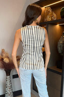 Cream And Black Stripe Print Button Front Waistcoat