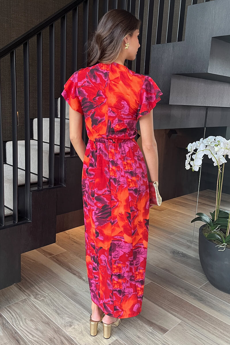 Orange And Purple Abstract Print Flutter Sleeve Midi Dress