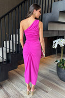 Hot Pink One Shoulder Knot Skirt Midi Dress