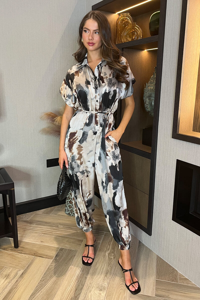 Multi Smudge Print Button Front Collared Tie Waist Jumpsuit