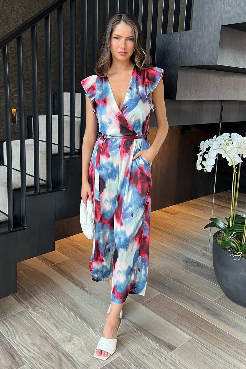 Multi Smudge Print Wrap Top Belted Jumpsuit