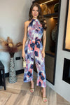 Multi Smudge Print Halter Neck Tie Waist Jumpsuit