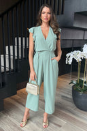 Duck Egg Wrap Top Flutter Sleeve Belted Jumpsuit