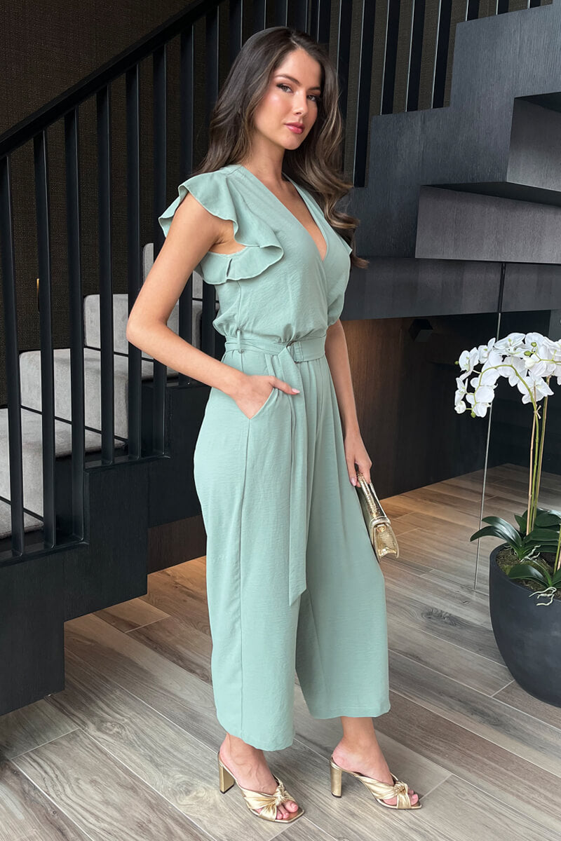 Duck Egg Wrap Top Flutter Sleeve Belted Jumpsuit