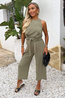 Khaki Racer Neck Tie Waist Jumpsuit