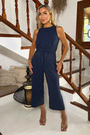 Navy Racer Neck Tie Waist Jumpsuit