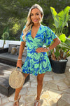 Green And Blue Abstract Printed Wrap Top Skater Mini Dress