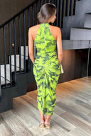 Lime Tie Dye Print Halter Neck Knot Skirt Mesh Midi Dress