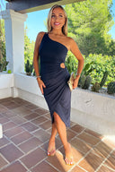 Navy One Shoulder Cut Out Detail Draped Wrap Midi Dress