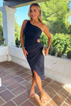 Navy One Shoulder Cut Out Detail Draped Wrap Midi Dress