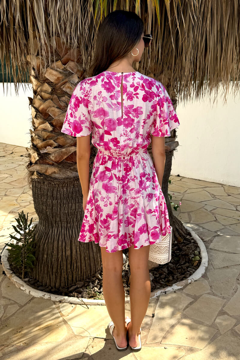 Pink And White Floral Print Butterfly Sleeve Skater Mini Dress