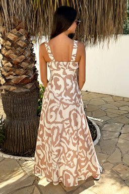 Stone And Cream Abstract Print Shirred Straps Button Detail Midi Dress