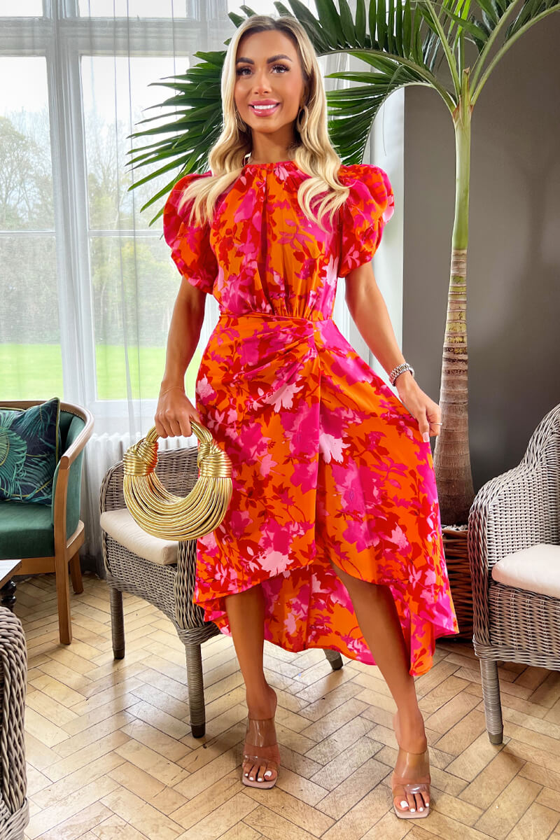 open lace back dress Pink And Orange Floral Printed Short Puff Sleeve Gathered Side Midi Dr – AX  Paris US