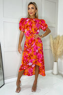 Pink And Orange Floral Printed Short Puff Sleeve Gathered Side Midi Dress