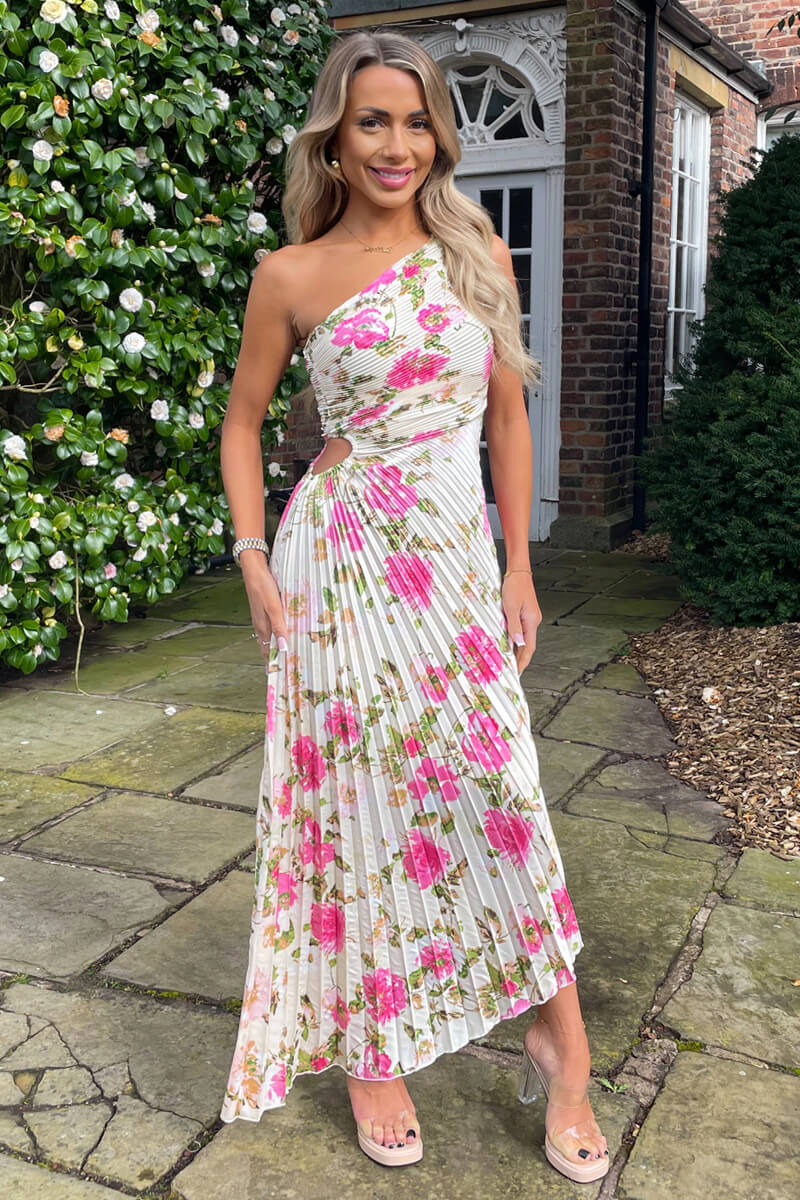 Cream and Pink Floral Print One Shoulder Pleated Satin Midi Dress – AX  Paris US