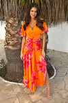 Orange And Pink Floral Print V Neck Cut Out Knot Detail Midi Dress