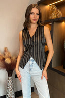 Black Stripe Print Button Front Waistcoat