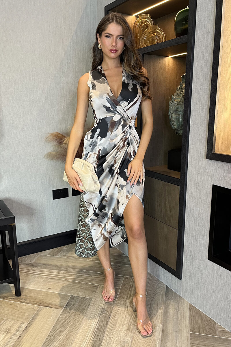 Multi Marble Print Wrap Top Gathered Skirt Midi Dress