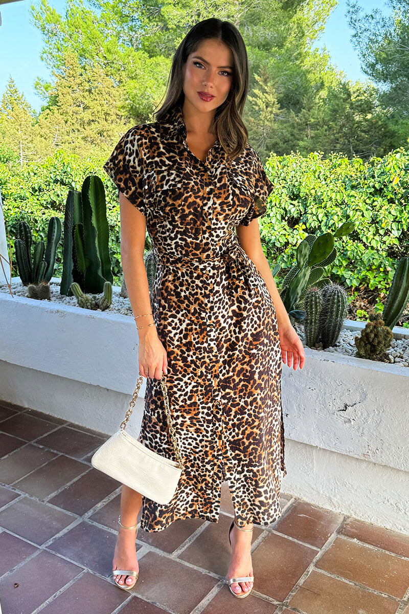 Brown Cheetah Print Short Sleeve Midi Shirt Dress