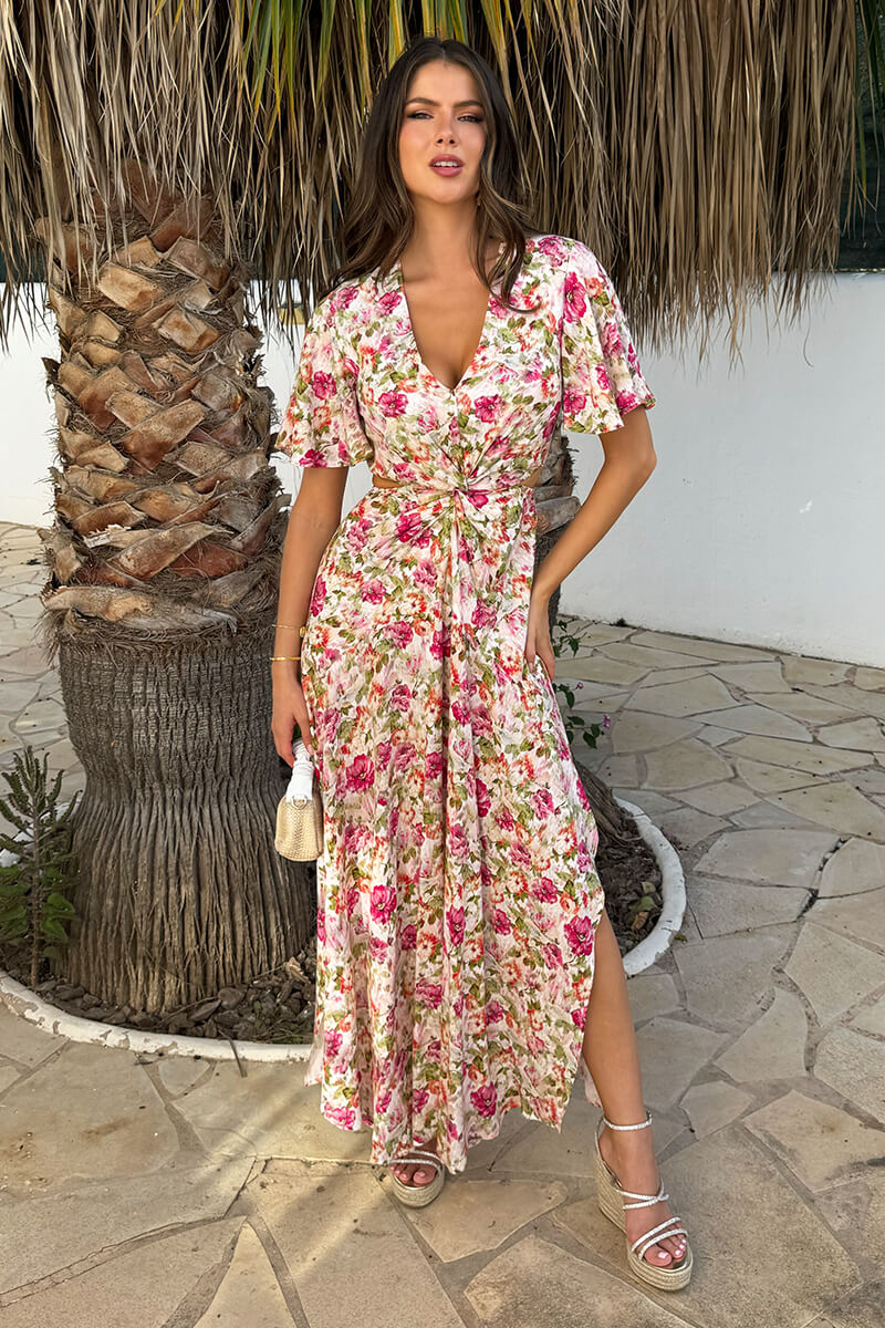 Multi Garden Print V Neck Cut Out Knot Detail Midi Dress