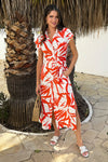 Orange And Cream Tropical Print Tie Waist Shirt Midi Dress