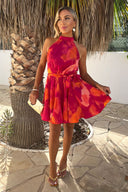 Pink And Orange Smudge Print Halterneck Tie Waist Mini Dress