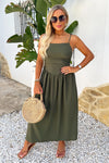 Khaki Drawstring Tie Straps Ruched Top Midi Dress