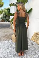 Khaki Drawstring Tie Straps Ruched Top Midi Dress