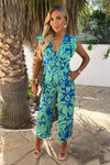 Green And Blue Abstract Printed Wrap Top Belted Jumpsuit