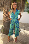 Green And Blue Abstract Printed Wrap Top Belted Jumpsuit