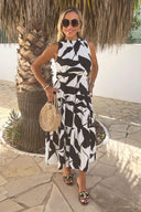 Black And White Leaf Print Sleeveless Tiered Smock Midi Dress