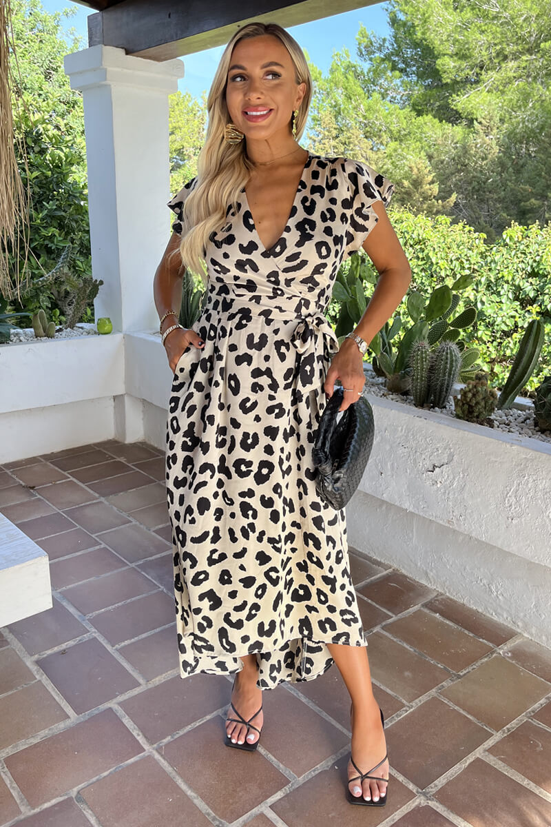 Black And Cream Leopard Print Short Sleeve Belted Wrap Midi Dress