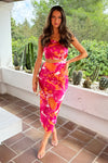 Pink And Peach Abstract Printed Asymmetric Cut Out Midi Dress