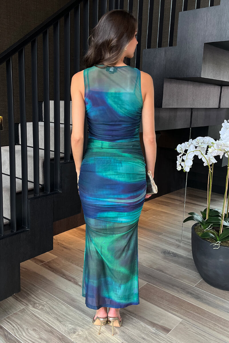 Green And Blue Tie Dye Print Mesh Overlay Bodycon Midi Dress