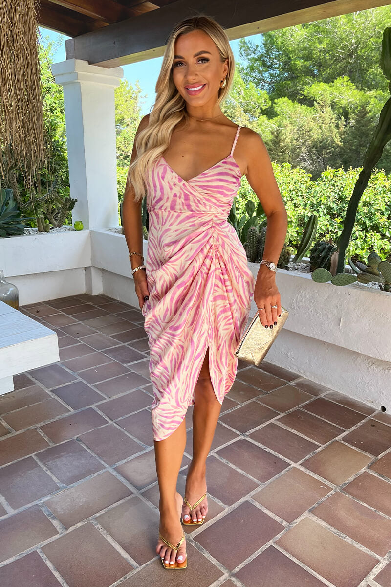 zebra pink dress Print Strappy Wrap Top Gathered Skirt Midi Sleeve Style colour:Brown Fall Winter Dresses Square Summer Dress for Work