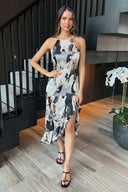 Multi Marble Print Strappy High Low Frill Hem Midi Dress