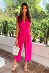 Cerise Wrap Top Flutter Sleeve Belted Jumpsuit