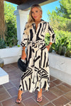 Black And Cream Abstract Print 3/4 Sleeve Shirt Midi Dress