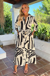 Black And Cream Abstract Print 3/4 Sleeve Shirt Midi Dress