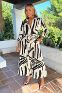 Black And Cream Abstract Print 3/4 Sleeve Shirt Midi Dress